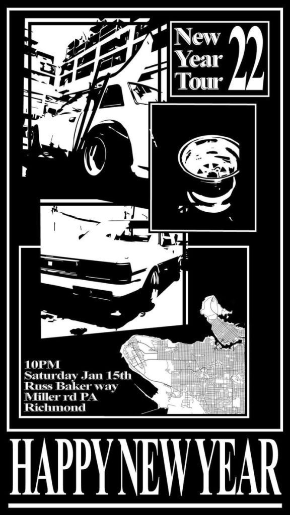 Black and white New Year Tour 22 poster with car images, event details for Jan 15th in Richmond, 10 PM. Happy New Year message.