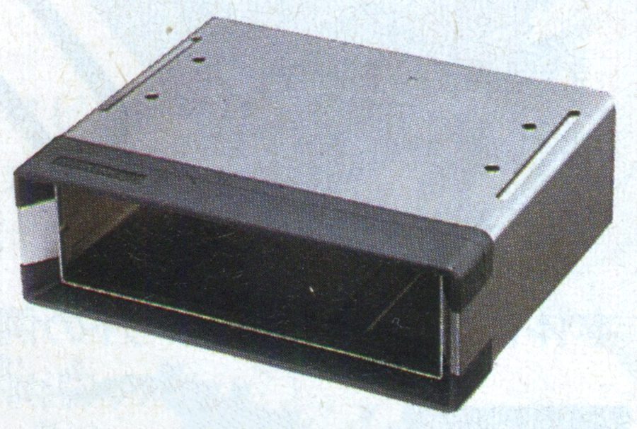 Empty metal and plastic box case typically used for electronic components or devices.