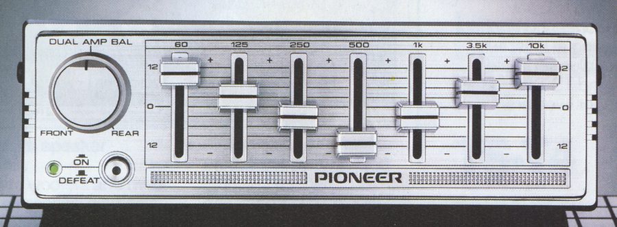 Vintage Pioneer audio equalizer with dual amp balance, frequency sliders, and front/rear controls for sound adjustment.