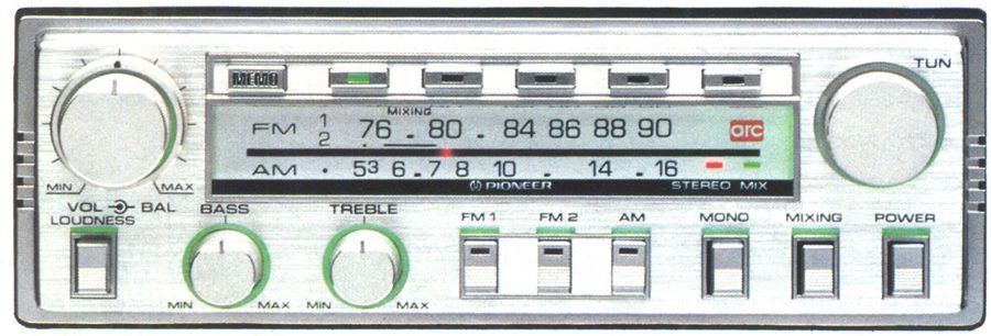Vintage Pioneer FM/AM stereo tuner with volume, balance, bass, treble controls, labeled knobs and buttons, and tuning scale.