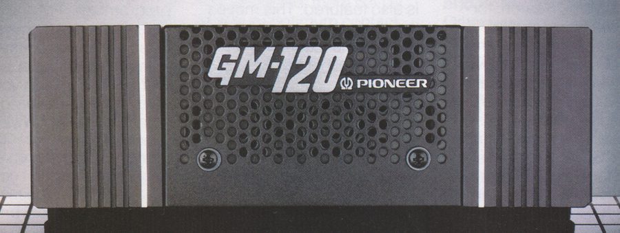 Vintage Pioneer GM-120 car audio amplifier with black perforated design and Pioneer logo for exceptional sound quality.