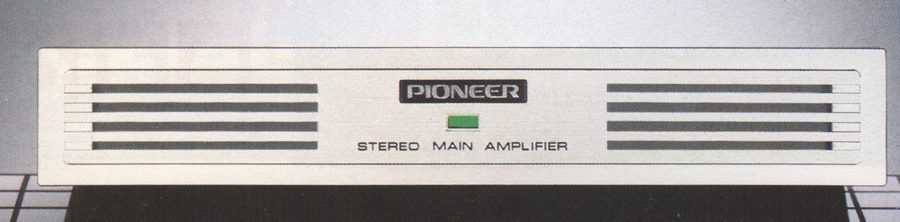 Vintage Pioneer stereo main amplifier with vents and green indicator light, model showcasing classic audio equipment design.