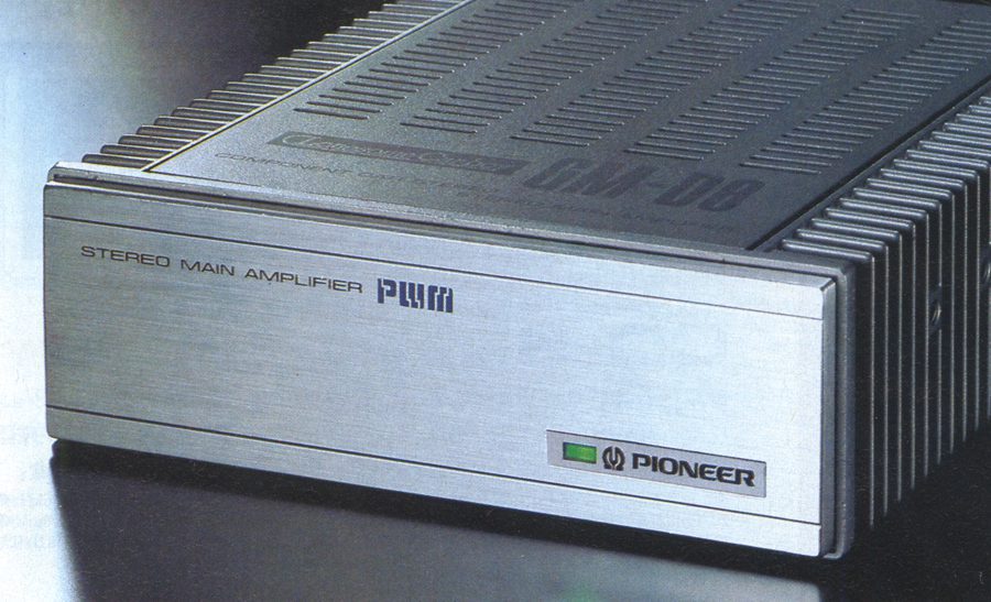 Close-up of Pioneer stereo main amplifier with PWM technology, showcasing its sleek design and advanced audio features.