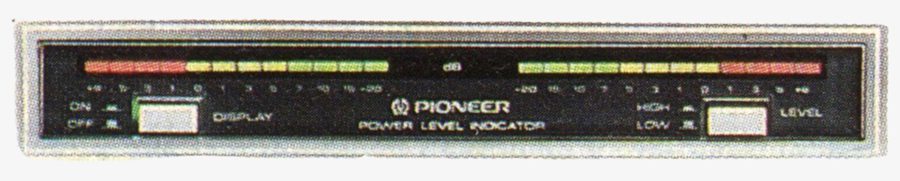 Vintage Pioneer power level indicator display with decibel levels and color-coded meters for audio equipment.