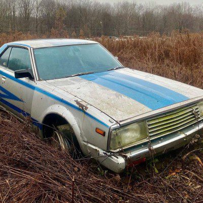Vintage blue-striped car abandoned in a field.