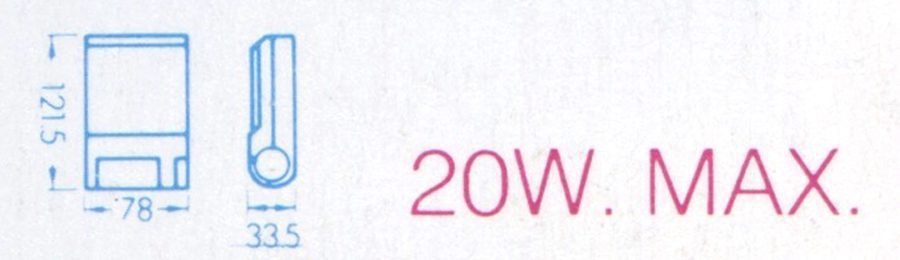 Diagram showing dimensions of an electrical part (121.5mm x 78mm x 33.5mm) with a power specification of 20W MAX.