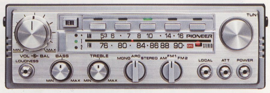 Vintage Pioneer car stereo with AM/FM tuner, volume, bass, treble controls, balance, and tuning knobs for optimal sound adjustability.
