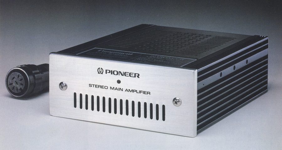 Alt text: Pioneer stereo main amplifier, silver with black vented casing, displaying brand and model information on the front panel.