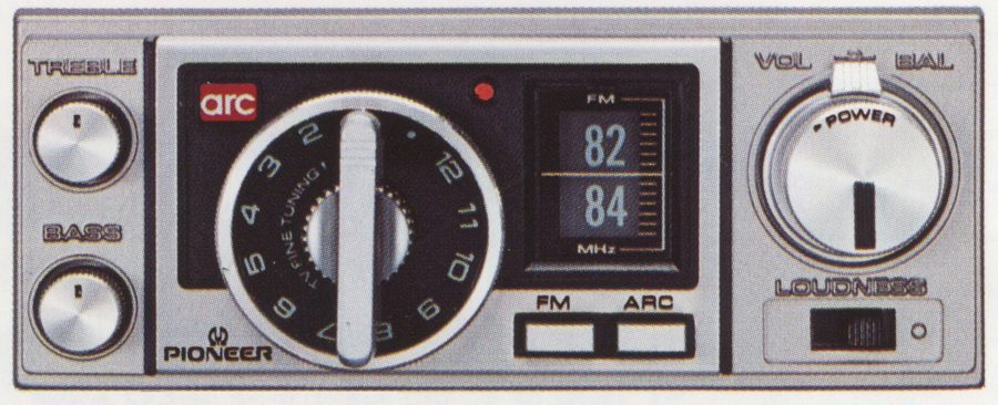 Vintage Pioneer car radio featuring treble, bass, volume, and balance controls with FM frequency display from 82 to 84 MHz.