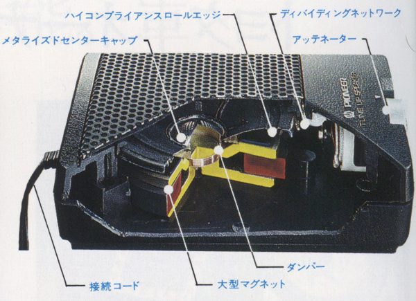 Alt text: Internal components of a speaker with Japanese labels, including terms like Metalyzed Center Cap and Large Magnet.