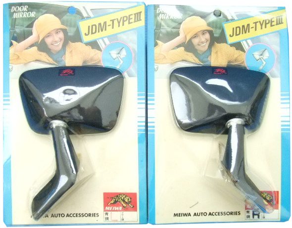 JDM-Type III Door Mirror by Meiwa Auto Accessories in packaging, featuring a smiling woman in a yellow hat.