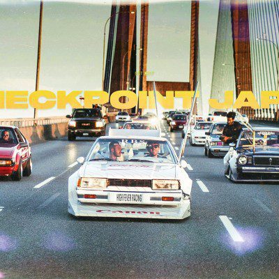 Group of modified cars driving on a Japanese bridge under the text Checkpoint Japan, setting sun in the distance.