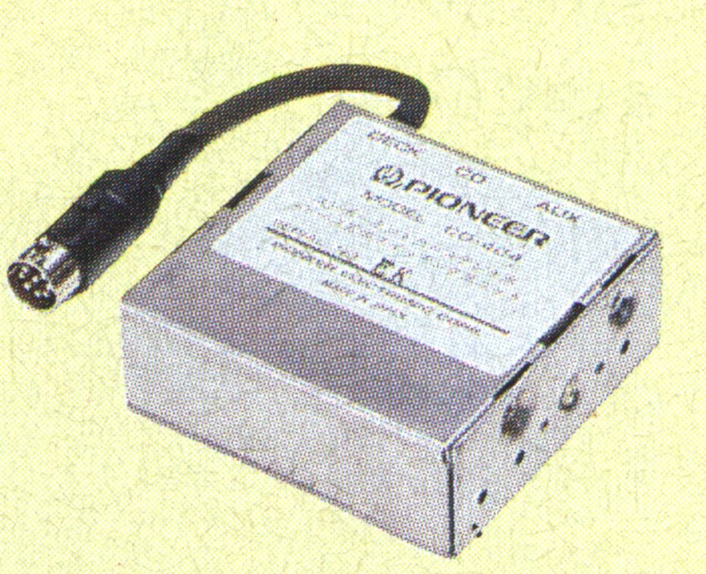 Pioneer model CD-6340 car audio box with connector cable, labeled Stock CO ALM.