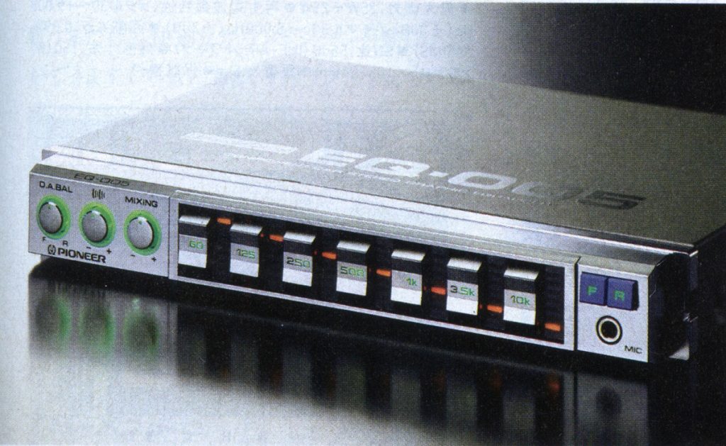 Pioneer graphic equalizer model GE-9000 with mixing and balance knobs, adjustable frequency sliders, and microphone input.