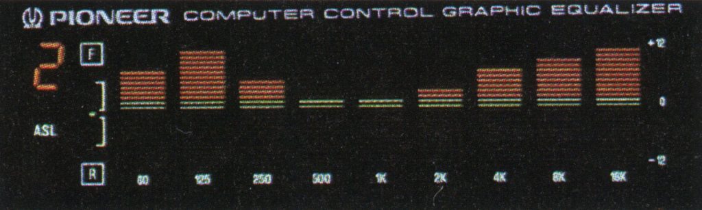Alt text: Pioneer computer control graphic equalizer display showing frequency bands, labeled in Hertz, with adjustments.