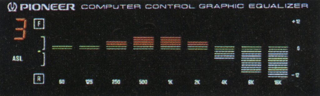 Pioneer computer control graphic equalizer display with frequency bands, ASL, volume levels, and spectrum analyzer.