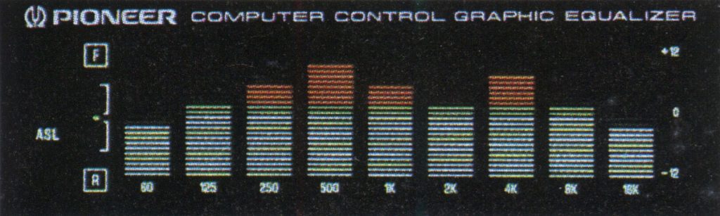 Pioneer computer control graphic equalizer display showing equalizer settings with frequency and decibel adjustments.