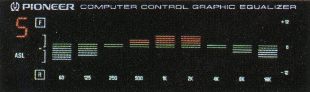 Pioneer computer control graphic equalizer display showing sound levels across various frequencies from 60 to 16K with ASL indicator.