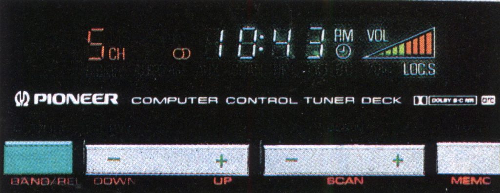 Pioneer computer control tuner deck display showing 5 channels, time at 10:43 AM, and volume level indicator.