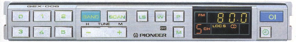 Vintage Pioneer GEX-006 radio tuner display with Japanese text showing FM band, channel, and various control buttons.