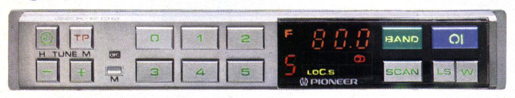 Close-up of a Pioneer GEX-E06 car stereo display and control panel with buttons for tuning, scanning, and band selection.