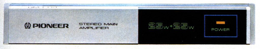 Pioneer stereo main amplifier, 25W+25W power output, silver and black design, with power button.