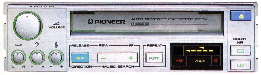 Vintage Pioneer KP-D05 auto reverse cassette deck with Dolby NR and volume control knobs. Retro car audio device.