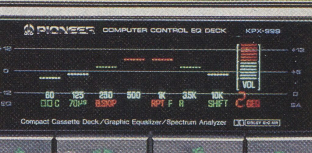 Front panel of a Pioneer KPX-893 cassette deck with graphic equalizer and spectrum analyzer displaying audio levels.