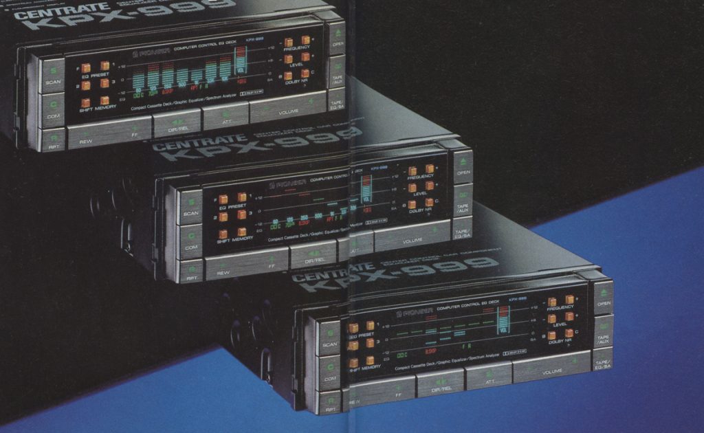 Three Pioneer KPX-999 computer control EQ cassette decks with graphic equalizer and Spectrum Analyzer on black and blue background.
