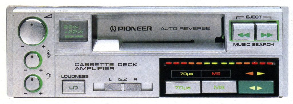 Vintage Pioneer cassette deck amplifier with auto-reverse feature, loudness control, and music search buttons.
