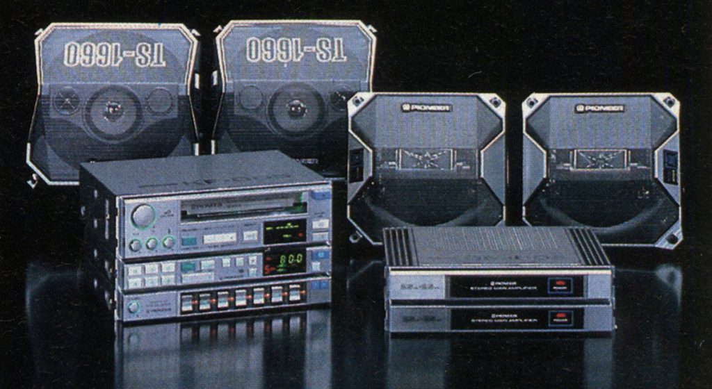 Vintage Pioneer car audio system with TS-1660 speakers, stereo amplifiers, and a classic head unit on a black background.