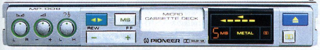 Vintage Pioneer MP-008 Micro Cassette Deck with Dolby NR, featuring audio controls, rewind, fast forward, and display panel