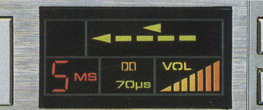 Close-up view of a vintage electronic device display with volume levels, 5 milliseconds delay, and 70 microseconds indicators.