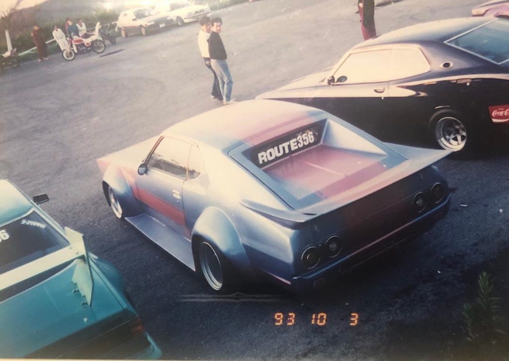 Classic Japanese cars gathering with a modified vehicle labeled ROUTE356, dated October 3, 1993. Vintage vibes.