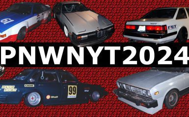 Showcase of classic and modified cars with 'PNWNYT2024' text on a patterned red background.