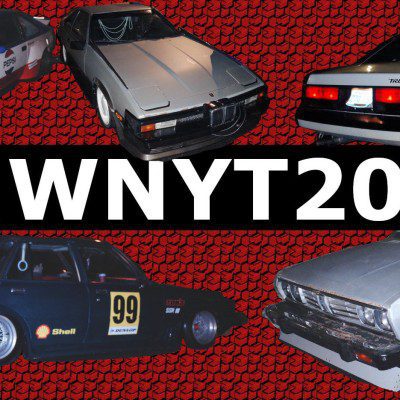 Showcase of classic and modified cars with 'PNWNYT2024' text on a patterned red background.