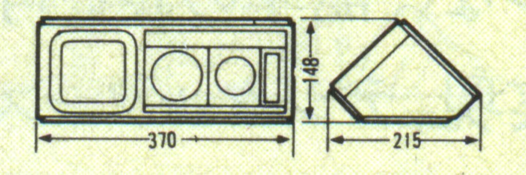 Technical drawing of a rectangular dish with dimensions: 370mm x 215mm x 148mm. Includes compartments of different shapes.