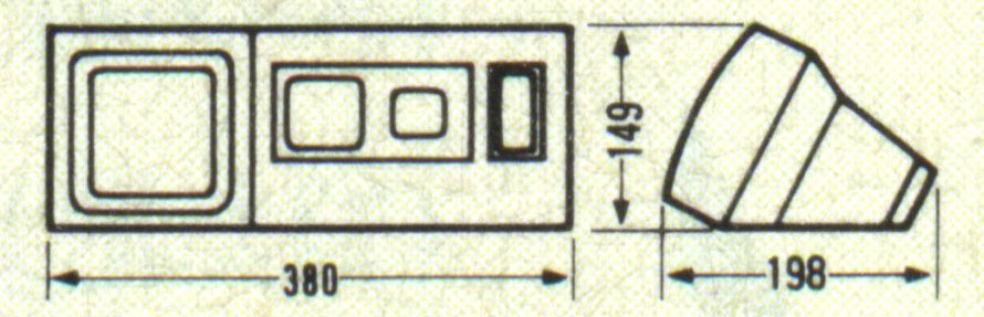Technical diagram of a camera lens casing with dimensions 380mm x 198mm and a height of 149mm in Japanese and English.