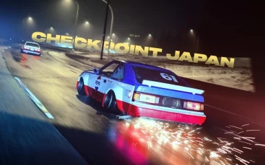 Alt text: Retro car drifting at night with sparks flying. Background text says Checkpoint Japan with another car ahead.