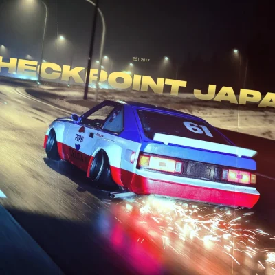 Alt text: Retro car drifting at night with sparks flying. Background text says Checkpoint Japan with another car ahead.