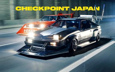 Modified Toyota Celica Supra racing on highway at night, text CHECKPOINT JAPAN in bold yellow font.