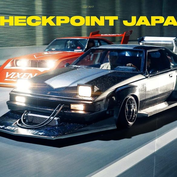 Modified Toyota Celica Supra racing on highway at night, text CHECKPOINT JAPAN in bold yellow font.