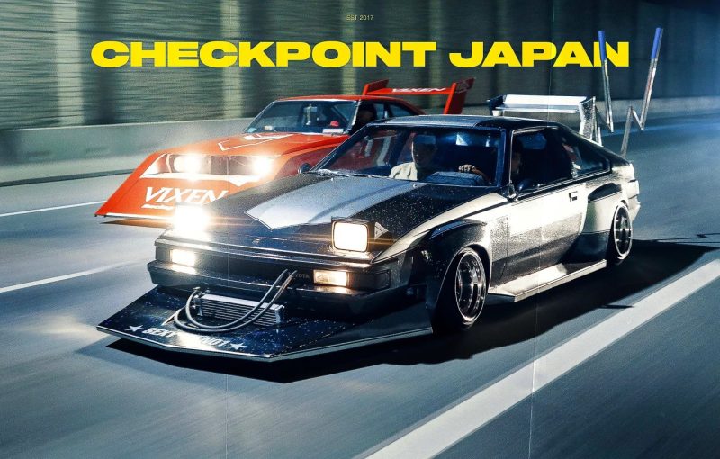 Modified Toyota Celica Supra racing on highway at night, text CHECKPOINT JAPAN in bold yellow font.