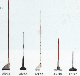 Various types of Pioneer antennas labeled AN-X1, AN-X4, AN-X5, AN-X6, and AN-X7 on white background, ranging from tall to short. Japanese text HI.