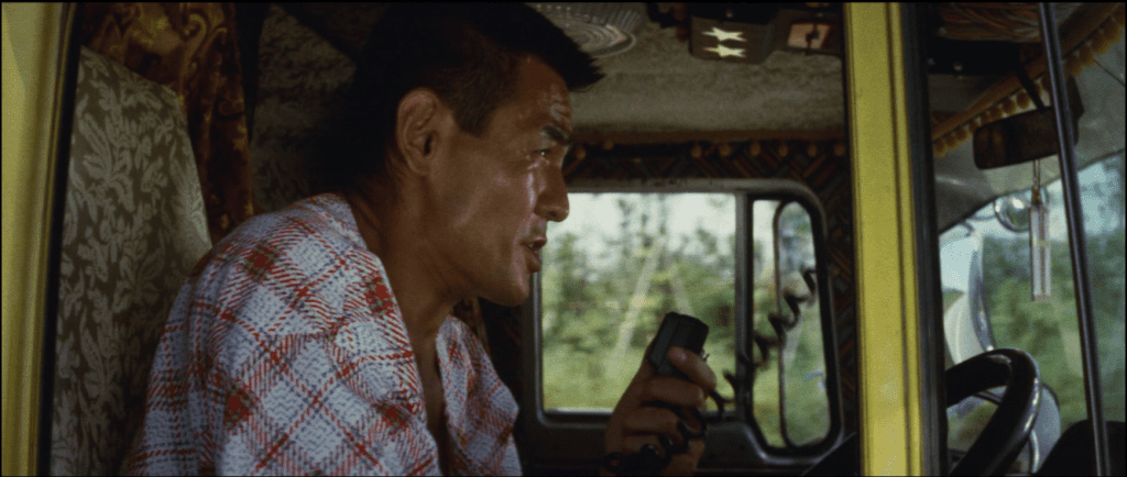 A man speaks into a CB radio while driving a decorated truck with patterned curtains and a serene background outside in the movie Truck Yaro