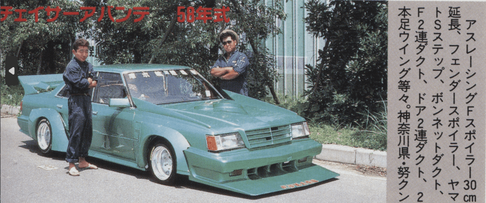 Two men pose with a modified green Toyota Chaser Avante 1983 model with enhanced fenders and spoilers in Kanagawa Prefecture, Japan.