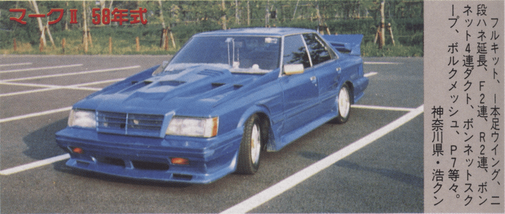 Blue Toyota Mark II GX61 car with full body kit and wing, parked in an outdoor lot, with Japanese description text on the side.