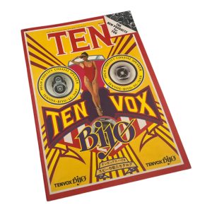 Vintage Tenvox speaker catalog with bold colors and a retro design, featuring a woman in a red swimsuit.