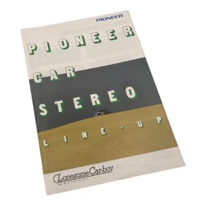 Pioneer car stereo catalog cover featuring Lonesome Car-boy design and vintage vehicle illustration.