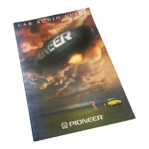 Vintage Pioneer car audio guide cover with blimp and classic car in a dramatic sky.